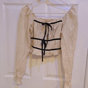 Cream Smocked Blouse with Black Ribbon Details NWT